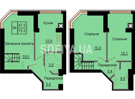 Двухуровневая квартира 75.5 м/кв - ЖК София