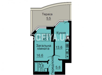 Однокомнатная квартира 45,1 м/кв - ЖК София