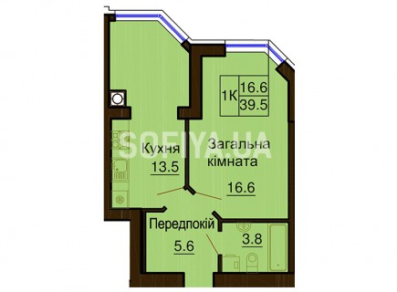 Однокомнатная квартира 39.5 м/кв - ЖК София