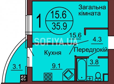 Однокомнатная квартира 35.9 м/кв - ЖК София