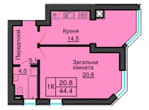 Однокомнатная квартира 44,4 м/кв - ЖК София