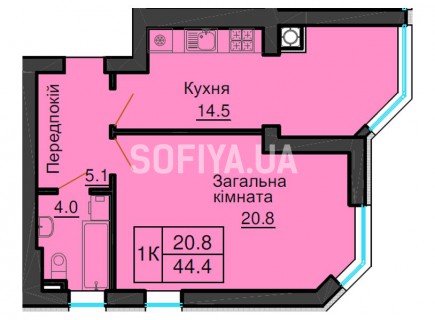 Однокомнатная квартира 44,4 м/кв - ЖК София