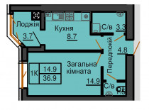 Однокімнатна квартира 36,9 м/кв - ЖК София