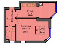 Однокомнатная квартира 44,4 м/кв - ЖК София