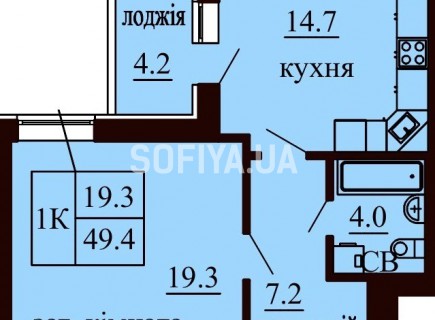 Однокомнатная квартира 49.4 м/кв - ЖК София