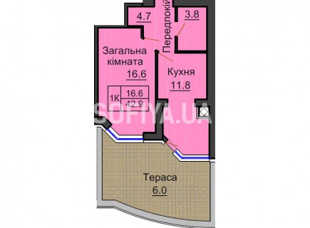 Однокомнатная квартира 42,9 м/кв - ЖК София