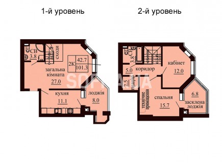 Двухуровневая квартира 101.3 м/кв - ЖК София