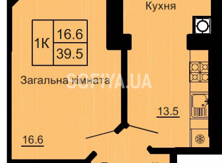 Однокомнатная квартира 39.5 м/кв - ЖК София