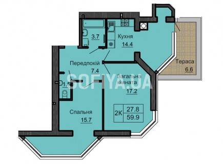 Двухкомнатная квартира 59,9 м/кв - ЖК София