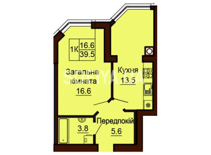 Однокомнатная квартира 39.5 м/кв - ЖК София