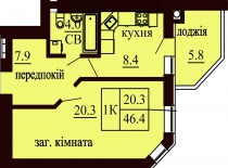 Однокомнатная квартира 46.4 м/кв - ЖК София