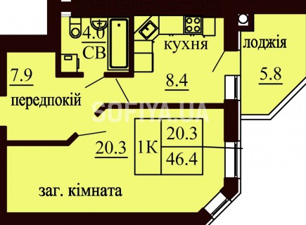 Однокомнатная квартира 46.4 м/кв - ЖК София