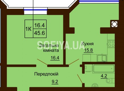 Однокомнатная квартира 45.6 м/кв - ЖК София