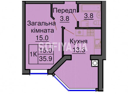 Однокомнатная квартира 35,9 м/кв - ЖК София