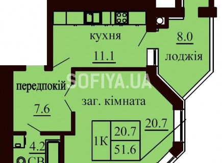 Однокомнатная квартира 51.6 м/кв - ЖК София