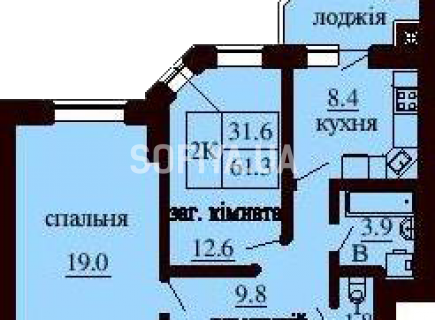 2-х комнатная квартира 61.3 м/кв - ЖК София