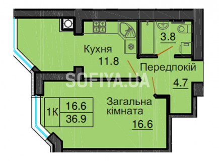 Однокомнатная квартира 36,9 м/кв - ЖК София