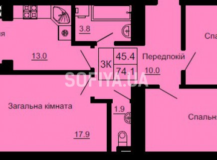 3-х комнатная квартира 74.1 м/кв - ЖК София