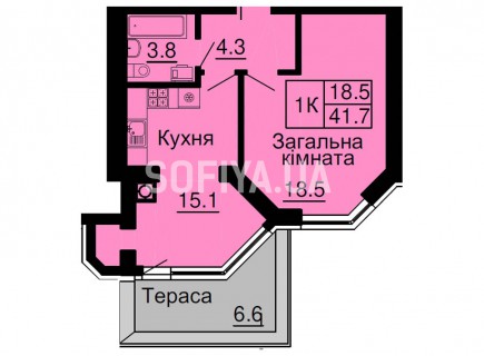 Однокомнатная квартира 41,7 м/кв - ЖК София