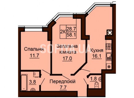 2-х комнатная квартира 58.1 м/кв - ЖК София