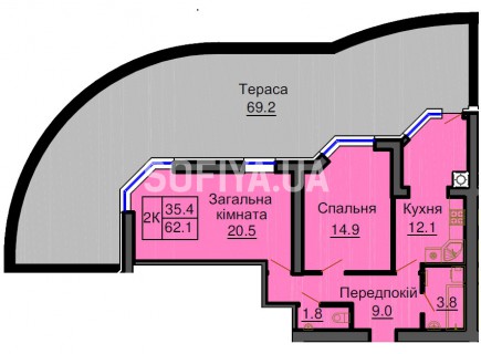 Двухкомнатная квартира 62,1 м/кв - ЖК София