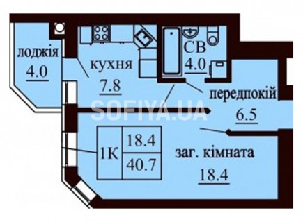 Однокомнатная квартира 40.7 м/кв - ЖК София