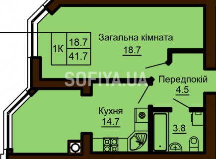 Однокомнатная квартира 41.7 м/кв - ЖК София