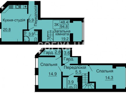 Двухуровневая квартира 94,8 м/кв - ЖК София