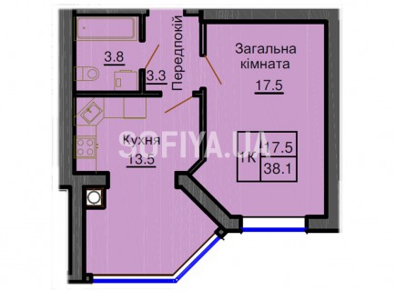 Однокомнатная квартира 38,1 м/кв - ЖК София