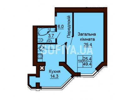 Однокомнатная квартира 49.4 м/кв - ЖК София