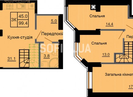 Двухуровневая квартира 99,4 м/кв - ЖК София