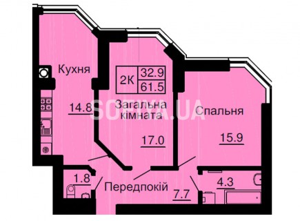 Двухкомнатная квартира 61,5 м/кв - ЖК София