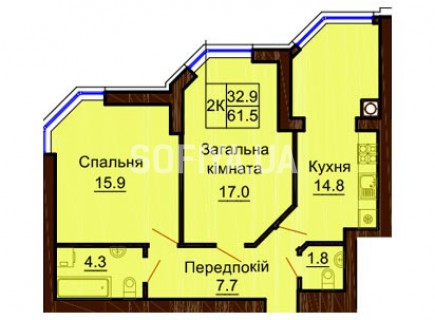 2-х комнатная квартира 61.5 м/кв - ЖК София