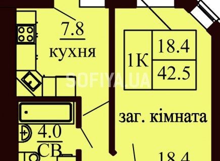 Однокомнатная квартира 42.5 м/кв - ЖК София