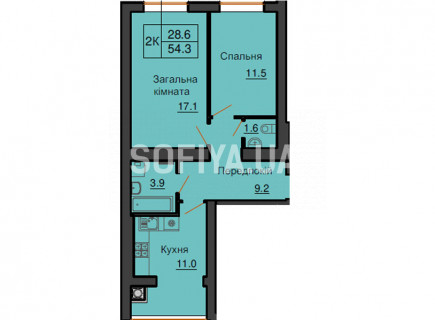Двухкомнатная квартира 54,3 м/кв - ЖК София