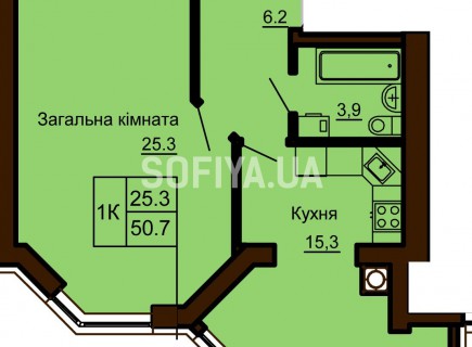 Однокомнатная квартира 50.7 м/кв - ЖК София