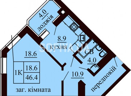 Однокомнатная квартира 46.4 м/кв - ЖК София