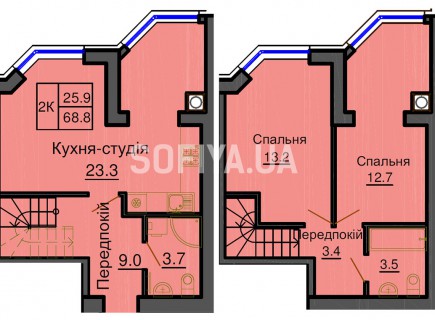 Двухуровневая квартира 68,8 м/кв - ЖК София