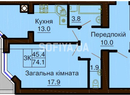 3-х комнатная квартира 74.1 м/кв - ЖК София