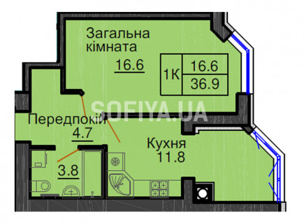 Однокімнатна квартира 36,9 м/кв - ЖК София