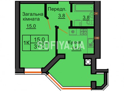 Однокомнатная квартира 37 м/кв - ЖК София