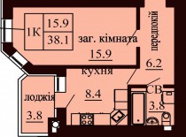 Однокомнатная квартира 38.1 м/кв - ЖК София