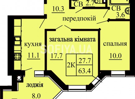 2-х комнатная квартира 63.4 м/кв - ЖК София