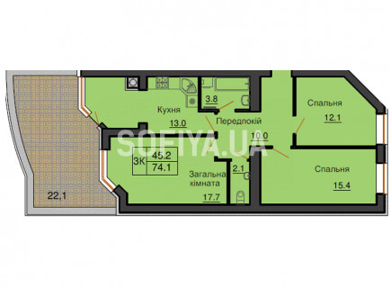 Трехкомнатная квартира 74,1 м/кв - ЖК София