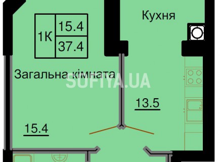 Однокомнатная квартира 37,4 м/кв - ЖК София