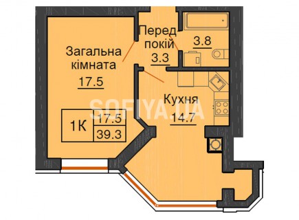 Однокомнатная квартира 39,3 м/кв - ЖК София