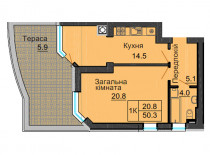 Однокомнатная квартира 44,4 м/кв - ЖК София