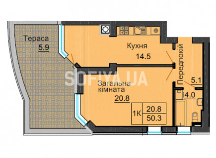 Однокімнатна квартира 44,4 м/кв - ЖК София