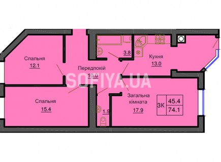 3-х комнатная квартира 74.1 м/кв - ЖК София