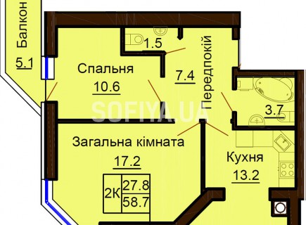 Двухкомнатная квартира 58.7 м/кв - ЖК София